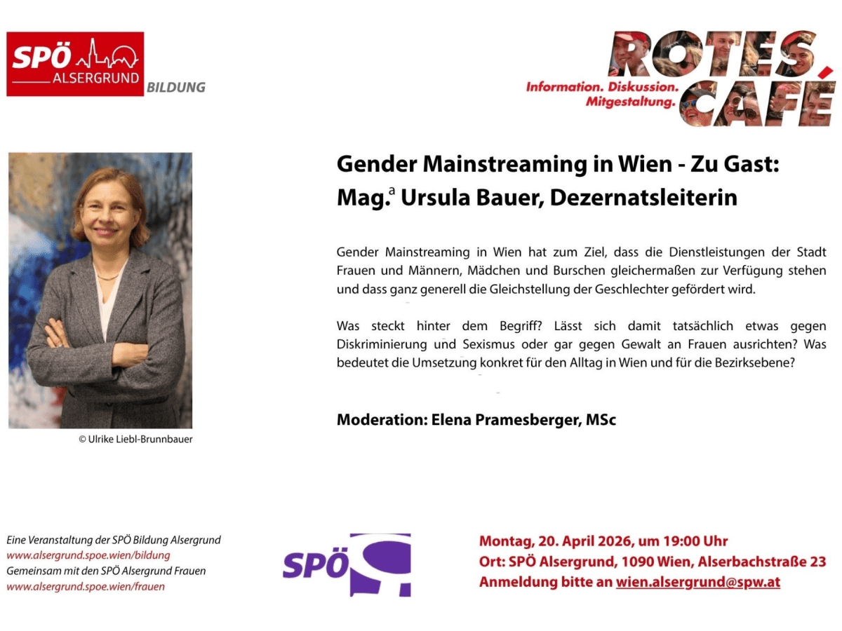 10. April 2026: Terminvorschau: Rotes Café zum Thema Gender Mainstreaming – am 20. April 2026 – SPÖ&nbsp;Alsergrund
