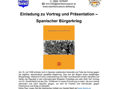 25. September 2026: Der spanische Bürgerkrieg / Spanienkämpfer aus Liesing – Ein Vortrag von Gerald Netzl – heute Abend im Bezirksmuseum Wien&nbsp;Liesing